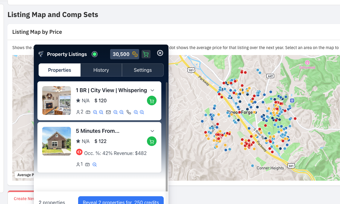 BlueBox Extension integrated with PriceLabs showing property listings and map view